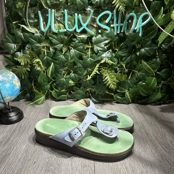 SAS Sanibel Sandal Blue Green Leather Sz 9 M Flip Flop Thong TStrap Buckle - Picture 1 of 7